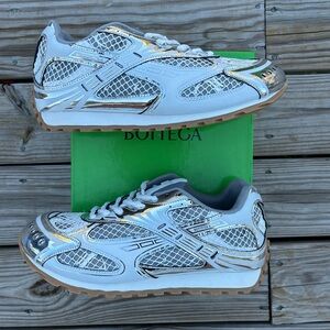 Bottega Veneta White and Silver Mesh Sneakers